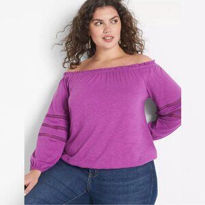 New Lane Bryant Relaxed Long-Sleeve Off-Shoulder Cropped Purple Top Size 26/28